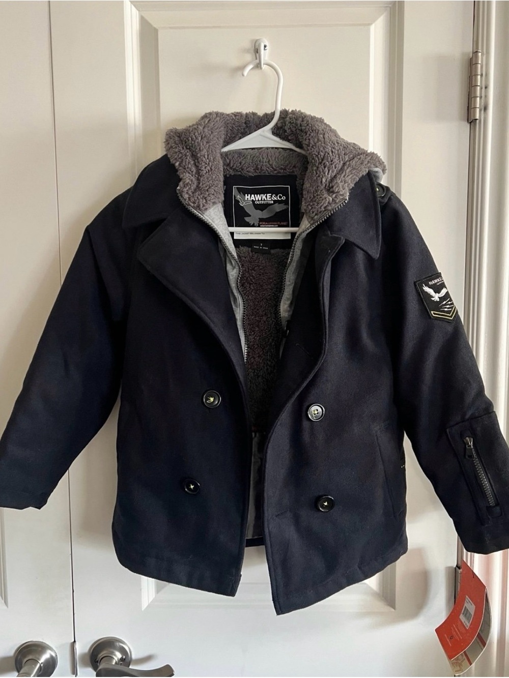 Hawke & Co Navy Kids Pea Coat with Gray Sherpa Hood